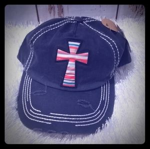 Destructed serape cross hat with serape under bill